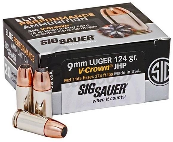0035193_sig-sauer-elite-performance-handgun-ammo-9mm-luger-124gr-v-crown-jhp-20rds-box-1165fps_580.jpg Sig Sauer Elite Performance Ammunition 9mm Luger 124 Grain V-Crown Jacketed Hollow Point - Image 1