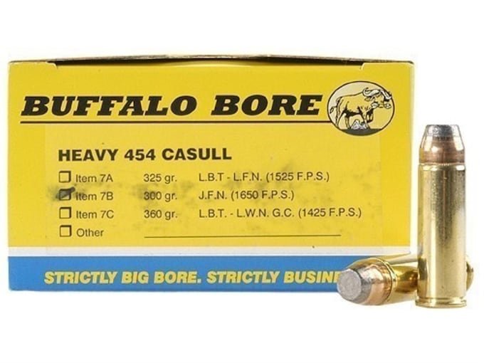 219258.jpg Buffalo Bore Ammunition 454 Casull 300 Grain Jacketed Flat Nose Box of 20 - Image 1