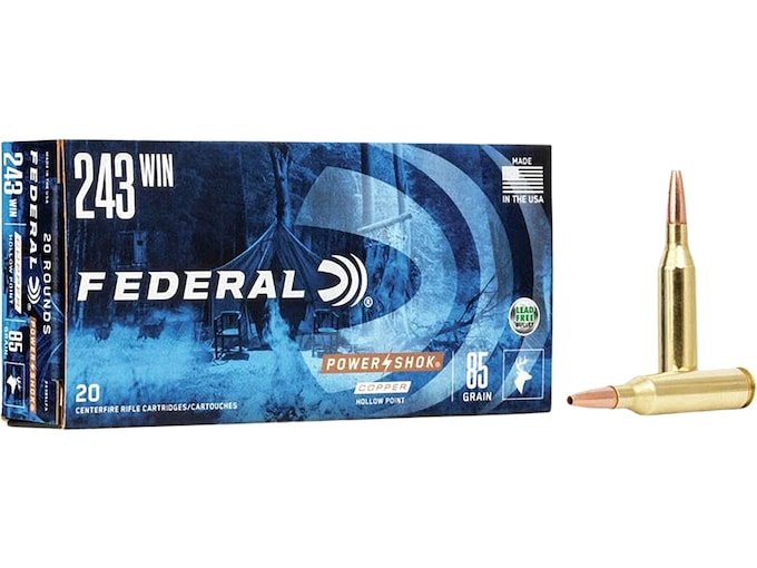 223291.jpg Federal Power-Shok Ammunition 243 Winchester 85 Grain Copper Hollow Point Lead-Free Box of 20 - Image 1
