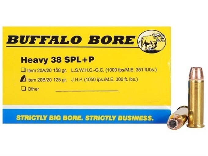 252280.jpg Buffalo Bore Ammunition 38 Special +P 125 Grain Jacketed Hollow Point Box of 20 - Image 1