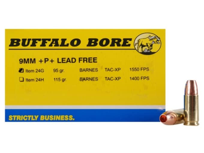 269788.jpg Buffalo Bore Ammunition 9mm Luger +P+ 95 Grain Barnes TAC-XP Hollow Point Lead-Free Box of 20 - Image 1