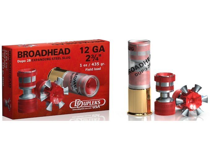 334007.jpg DDupleks Broadhead Dupo 28 Ammunition 12 Gauge 2-3/4" 1 oz Expanding Steel Slug Lead-Free Box of 5 - Image 1