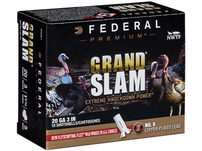 516823.jpg Federal Premium Grand Slam Turkey Ammunition 20 Gauge 3" 1-5/16 oz Buffered #5 Copper Plated Shot Flightcontrol Flex Wad Box of 10 - Image 1