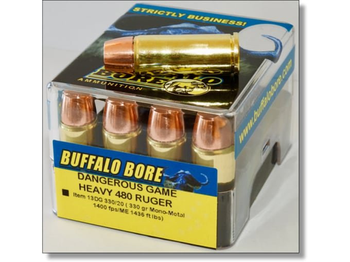 556324.jpg Buffalo Bore Dangerous Game Ammunition 480 Ruger 330 Grain Lehigh Mono-Metal Lead-Free Box of 20 - Image 1