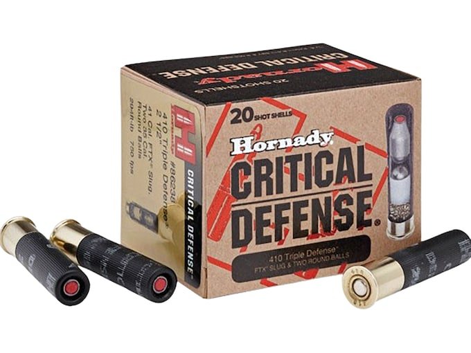 599762.jpg Hornady Critical Defense Ammunition 410 Bore 2-1/2" 41 Caliber FTX Slug over two 35 Caliber Lead Round Balls Box of 20 - Image 1