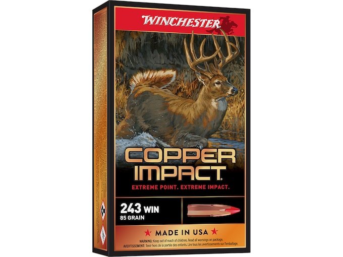 784192.jpg Winchester Copper Impact Ammunition 243 Winchester 85 Grain Copper Extreme Point Polymer Tip Lead-Free Box of 20 - Image 1
