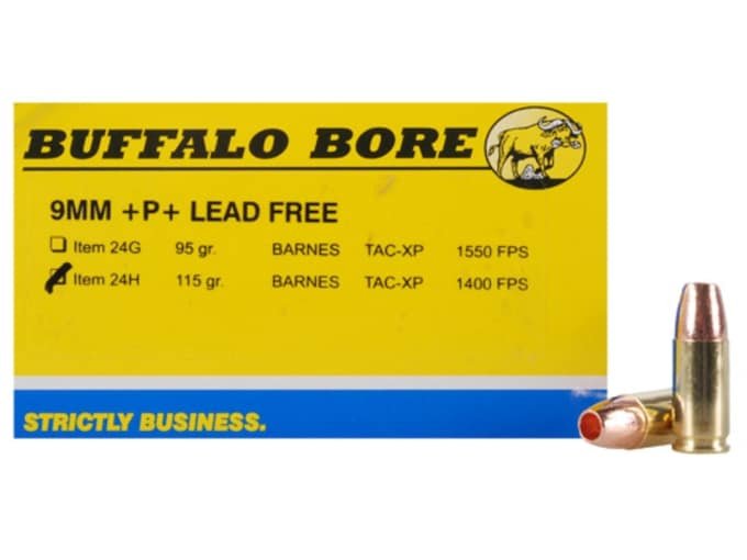 813203.jpg Buffalo Bore Ammunition 9mm Luger +P+ 115 Grain Barnes TAC-XP Hollow Point Lead-Free Box of 20 - Image 1