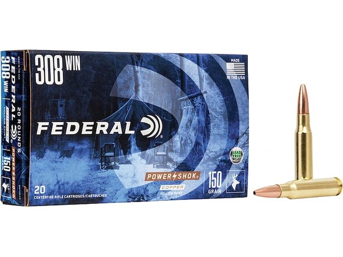 853981.jpg Federal Power-Shok Ammunition 308 Winchester 150 Grain Copper Hollow Point Lead-Free Box of 20 - Image 1