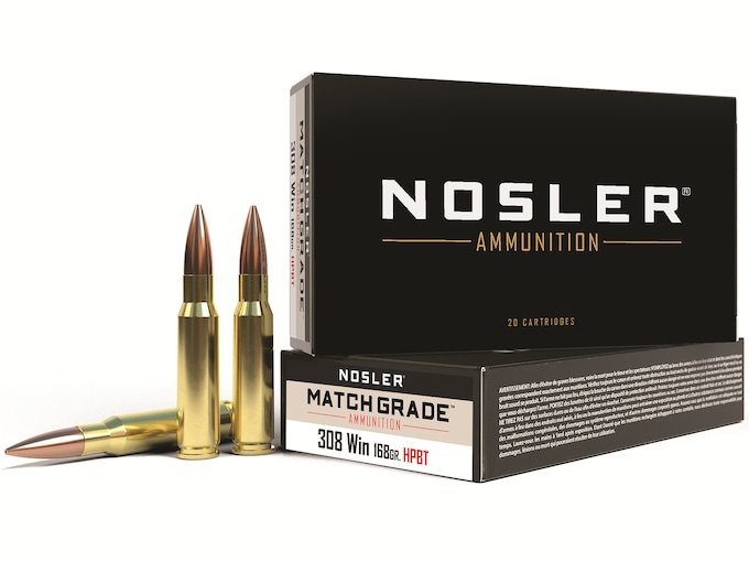 854088.jpg Nosler Match Grade Ammunition 308 Winchester 168 Grain Custom Competition Hollow Point Boat Tail Box of 20 - Image 1