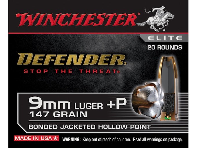912786.jpg Winchester Defender Ammunition 9mm Luger +P 147 Grain Bonded Jacketed Hollow Point Box of 20 - Image 1