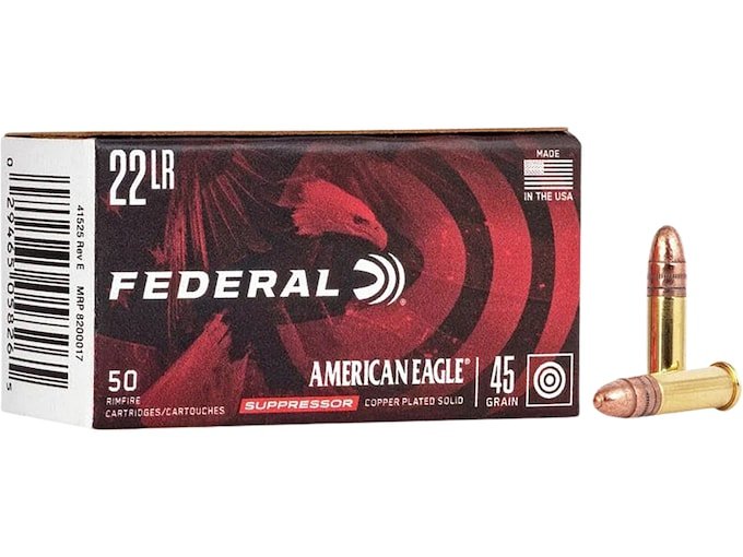 995680.jpg Federal American Eagle Suppressor Ammunition 22 Long Rifle 45 Grain Copper Plated Lead Round Nose - Image 1