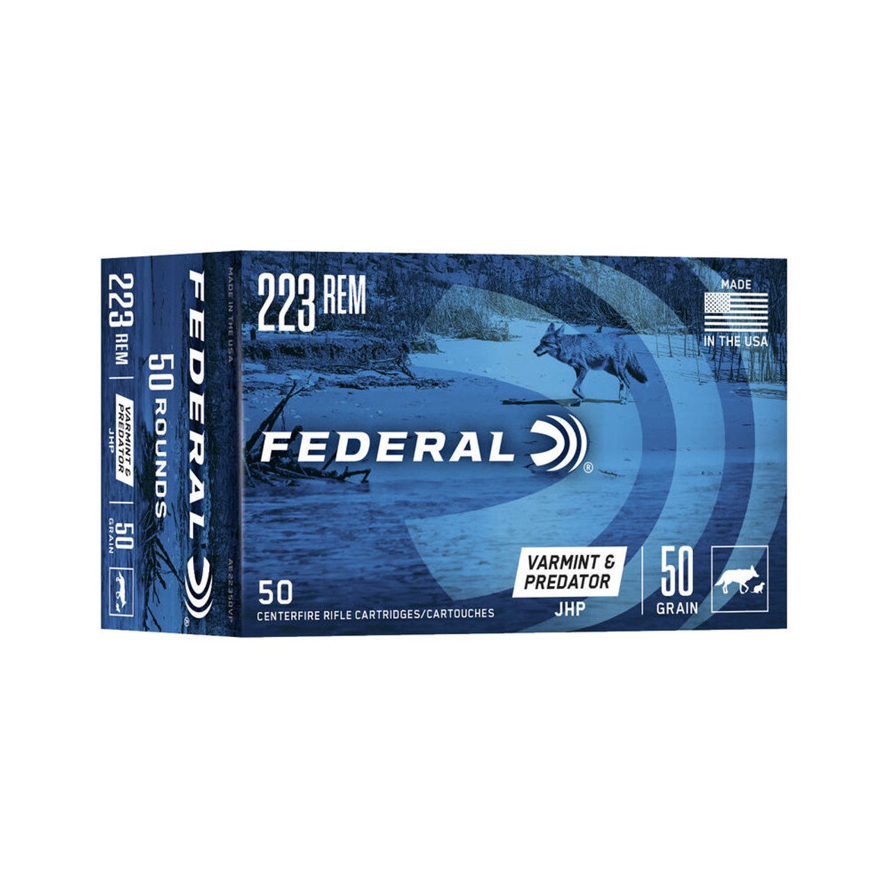 FEDAE22350VP__55511.jpg Federal Varmint and Predator Ammunition 223 Remington 50 Grain Jacketed Hollow Point - Image 1