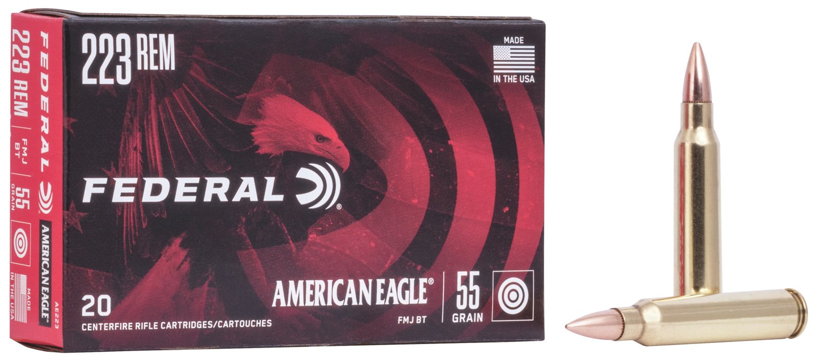 FP_AE223_223RemFMJBT_Combo_R.jpg Federal American Eagle Ammunition 223 Remington 55 Grain Full Metal Jacket - Image 1