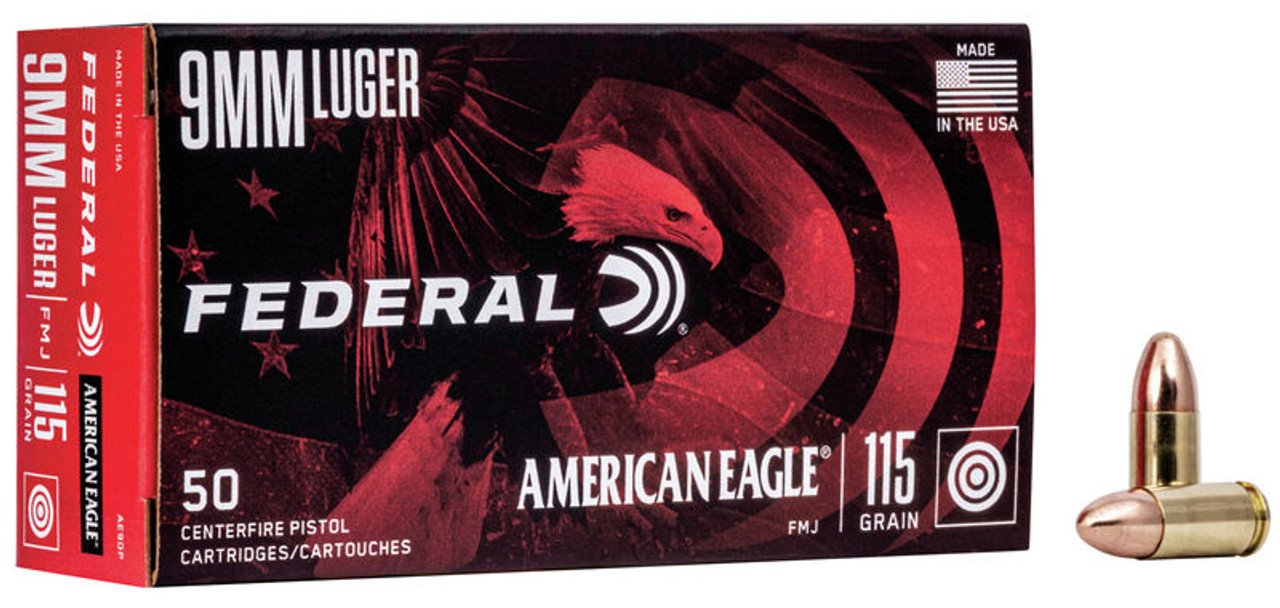FP_AE9DP_9mmLugerFMJ_Combo_Rm__05704.jpg Federal American Eagle Ammunition 9mm Luger 115 Grain Full Metal Jacket - Image 1