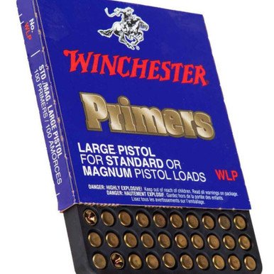 Winchester large pistol primer box on a reloading bench